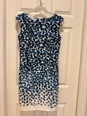 Ann Taylor White Midi Sheath Dress with Blue and Black Floral Print